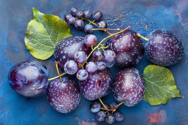 Prugne viola con foglie e bacche su uno sfondo blu scuro