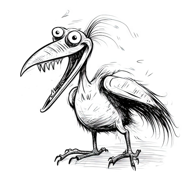 Pterodattilo Sketch Doodle Crow Fun Toucan Scribble Bird Monster Hand Drawn Rook Sketched Marabou Personaggio con denti grandi e un becco enorme Illustrazione generativa AI