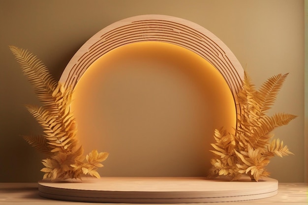 Pubblicità del prodotto Podio in legno con supporto 3D su sfondo giallo e arancione sfumato