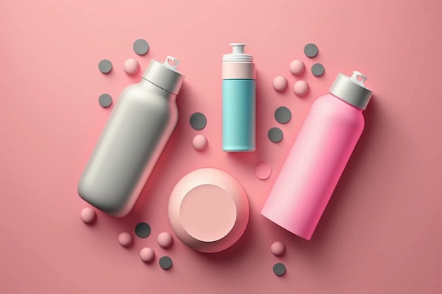 Pubblicità di un kit cosmetico su sfondo rosa Mock up generazione di intelligenza artificiale