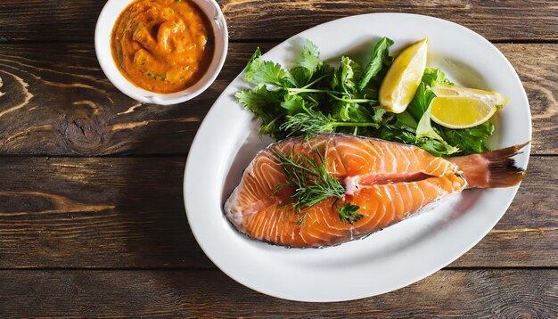 pubblicità fotografia alimentare fetta di pesce grande e vagetable