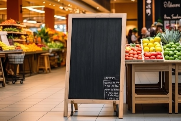 Pubblicità lavagna vuota Insegna o menu del negozio di un ristorante vuoto nel centro commerciale AI generativa