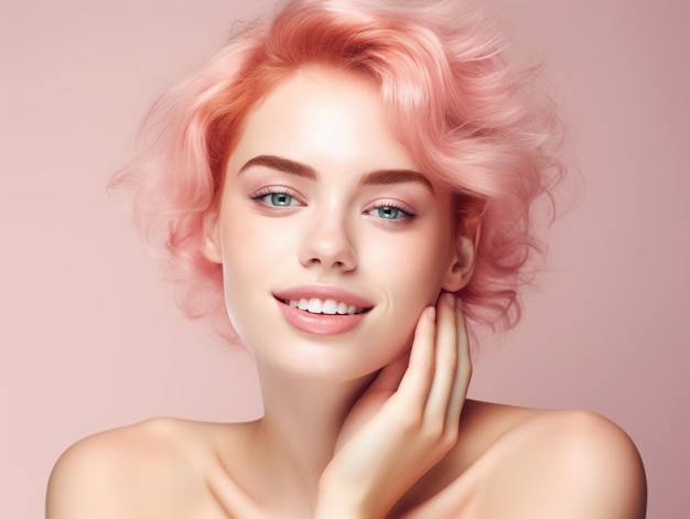 pubblicità per la cura della pelle bella donna modello capelli rosa vibranti nello stile della bellezza