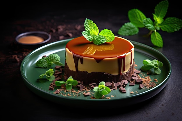 Pudding al caramello con schegge di cioccolato generativo IA