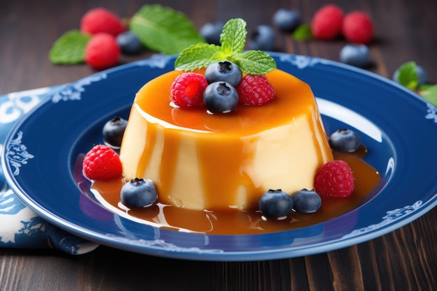 Pudding delizioso con caramello e bacche su un tavolo di legno blu