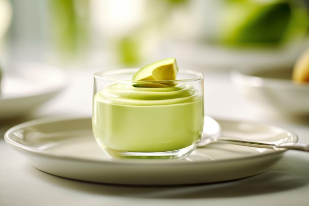 Pudding di avocado tenero in una ciotola trasparente con fetta di avocado sullo sfondo sfocato del ristorante