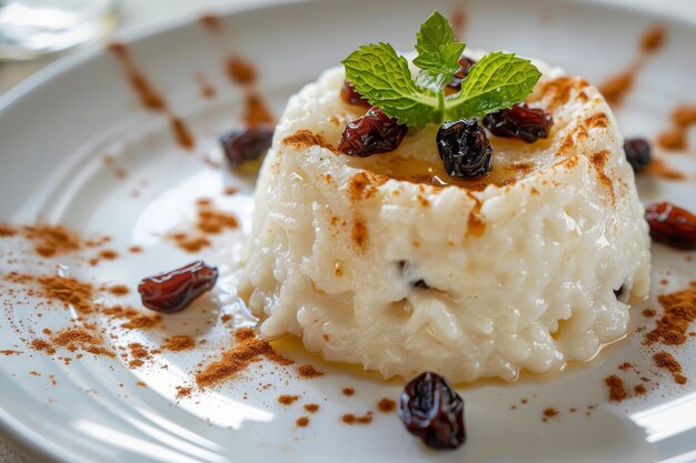 Pudding di riso alla vaniglia gourmet con uva passa e guarnizione alla menta su un piatto elegante