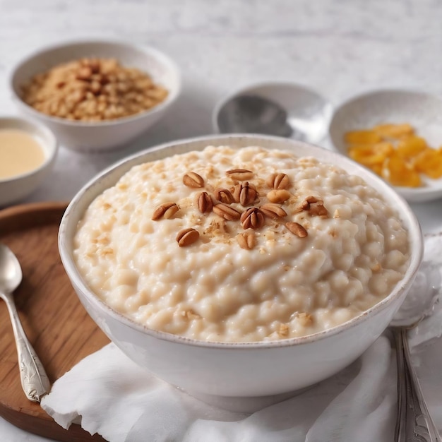 Pudding di riso arroz con leche budino di riso in ciotola bianca isolato su sfondo bianco