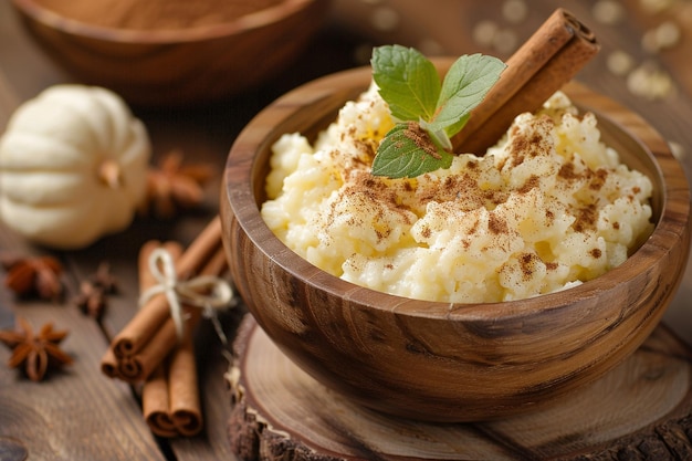 Pudding di riso Arroz con leche con cannella in ciotola su un tavolo di legno