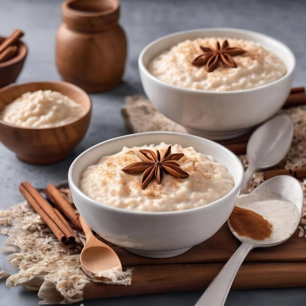 Pudding di riso Arroz con leche con cannella isolata su sfondo bianco