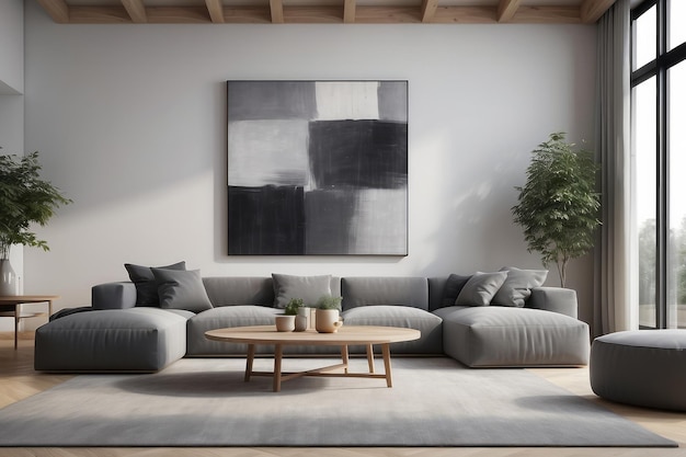 Puff e tavolo di legno in salotto moderno con pittura sopra il divano ad angolo grigio