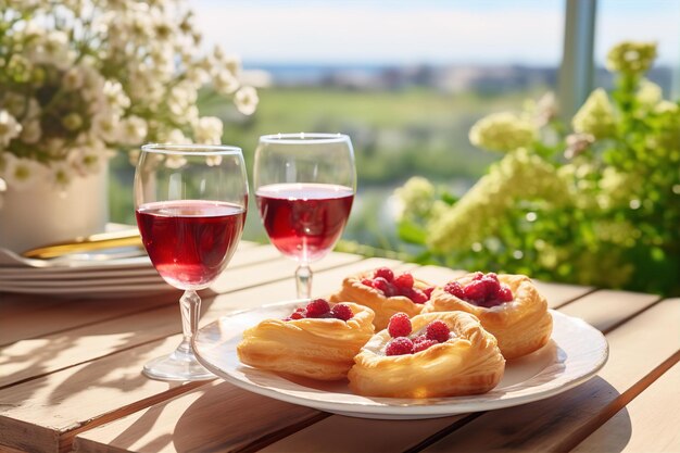 Puff Pastry Cranberry con succo per pranzo Snack sul tavolo di legno e sullo sfondo della natura
