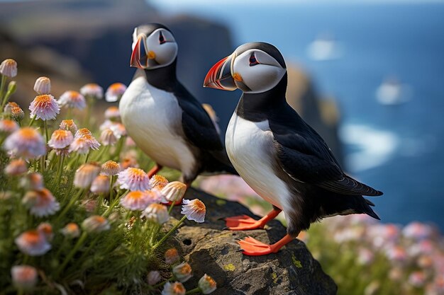 Puffins atlantici che camminano sulla scogliera AI generativa