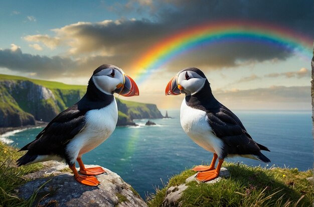 Puffins on Cliffs con Mountain Rainbow 0 1jpg