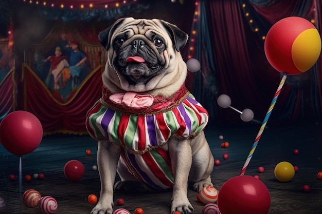 Pug cane vestito da clown nel concetto di vacanza circense animali divertenti generativa ai