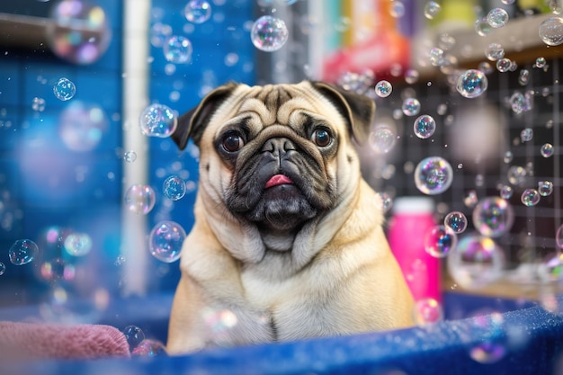 Pug dog sta facendo il bagno con schiuma e bolle Generato ai