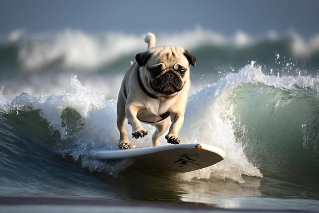 Pug dog surfing ai generativa