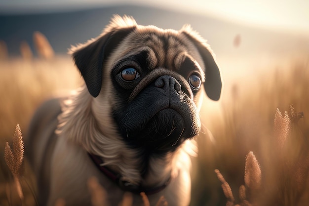 pug in una giornata di sole nel campo