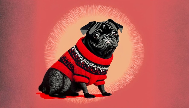 pug nero in maglione su sfondo rosso generativo Ai