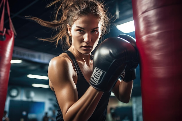 Pugile femminile che colpisce un enorme sacco da boxe in uno studio di boxe Partita sportiva Ai generativa