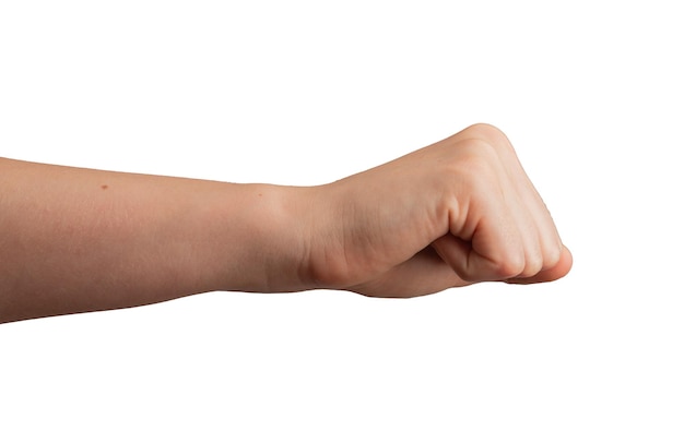 Pugno femminile allungato in avanti vista laterale saluto gesto di pugno della mano isolato su sfondo bianco