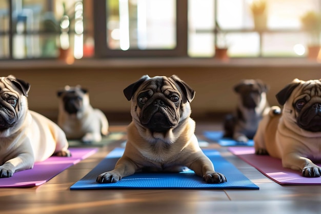 Pugs in costumi sportivi si impegnano nello yoga concentrandosi sulle loro pose che mostrano flessibilità