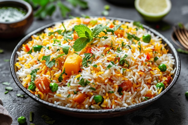 Pulav o biryani di verdure indiano preparato con riso basmati