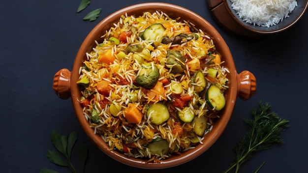 Pulav o biryani vegetale indiano gustoso fatto con riso basmati e servito in terracotta o c