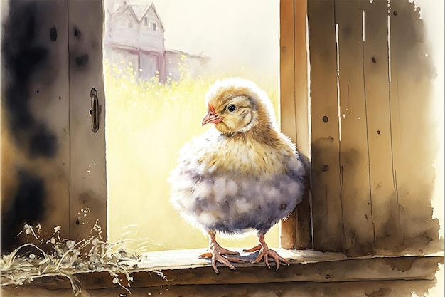 Pulcino carino nella fattoria Pittura ad acquerello di animali da allevamento di polli