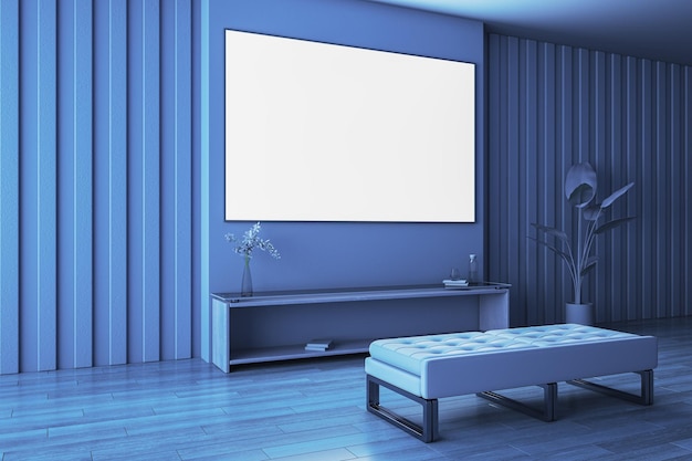 Pulire l'interno del soggiorno blu con mobili e mock up poster bianco vuoto Mock up 3D Rendering