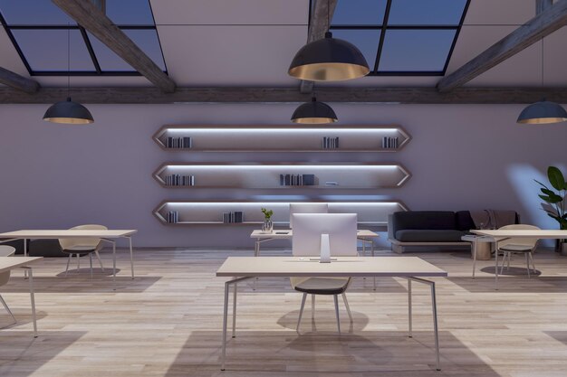 Pulire l'interno dell'ufficio del soppalco con mobili per pavimenti in legno e finestre a soffitto con vista del cielo notturno Rendering 3D