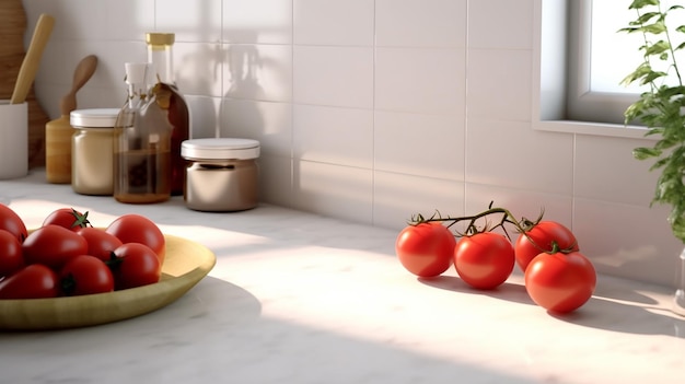 Pulisci il controsoffitto della cucina in marmo bianco minimale con pomodoro Generative AI