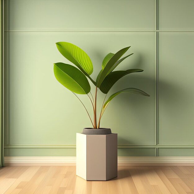 Pulisci il muro verde salvia bianco con un banano tropicale in un vaso di cemento cubo grigio su un parco marrone chiaro