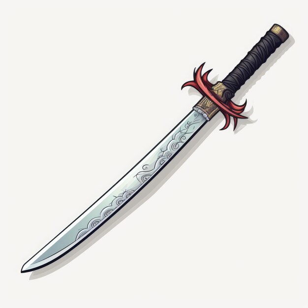 Pulita ed elegante spada katana giapponese Un adesivo illustrato di cartoni animati su sfondo bianco