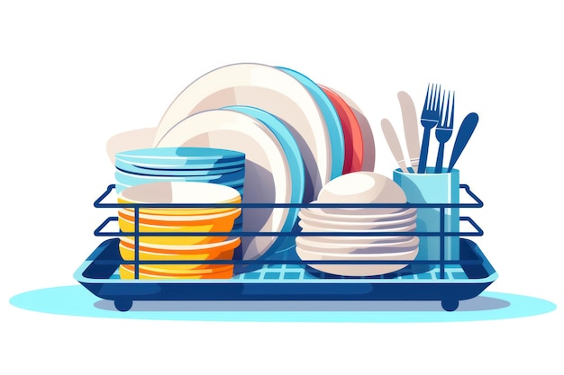 Pulito e scintillante Un moderno set di utensili da cucina con piatti e utensili bianchi luccicanti in una lavastoviglie piena