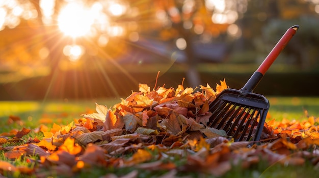 Pulizia autunnale nel giardino giardino posteriore Raccappa e mucchio di foglie cadute sul prato nel parco autunnale Pulizia volontaria e concetto di ecologia Giardino stagionale