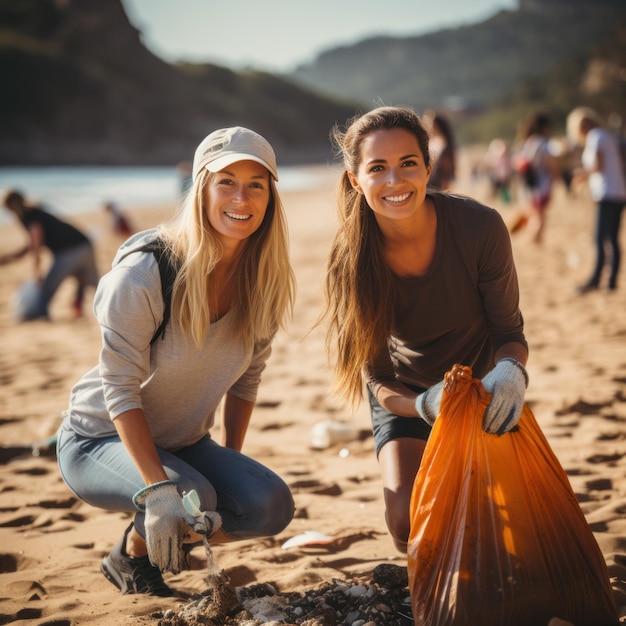Pulizia della spiaggia Volontari raccolgono i rifiuti su una riva sabbiosa