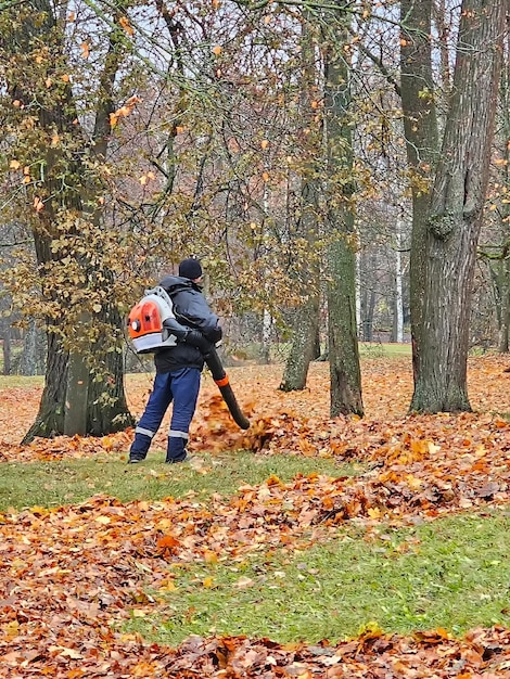 Pulizia delle foglie d'autunno nel parco Lavoratore di sesso maschile rimuove il prato soffiatore di foglie del giardino autunnale
