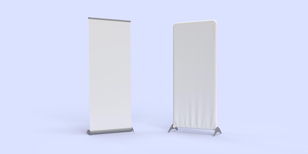 Pull-up Banner e tessuto Panno Banner parete su sfondo blu, 3D render illustrazione.