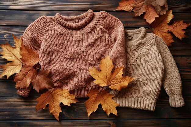Pullover a maglia con foglie secche su sfondo marrone di legno
