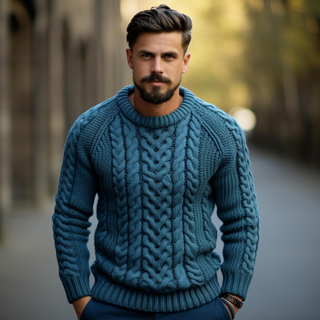 Pullover di maglia blu a costole solide per uomini in un ambiente minimalista