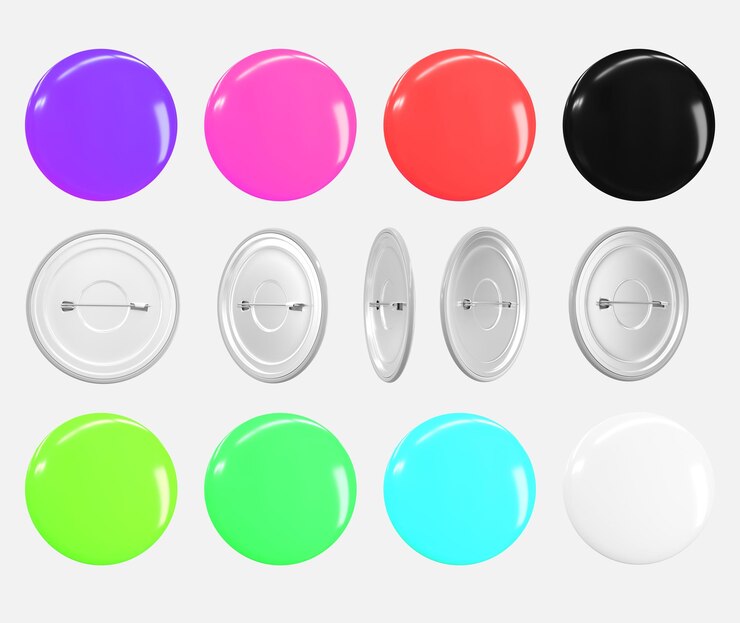 Foto pulsante pin set di icone di rendering 3d distintivi vuoti colorati isolati su sfondo bianco set di animazione di rotazione della spilla spilla d'argento targhette o etichette rotonde in plastica vista anteriore e posteriore