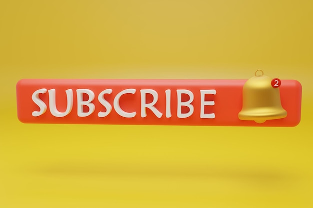 Pulsante rosso iscriviti al canale con campanello su sfondo giallo Concetto di notifica rendering 3d