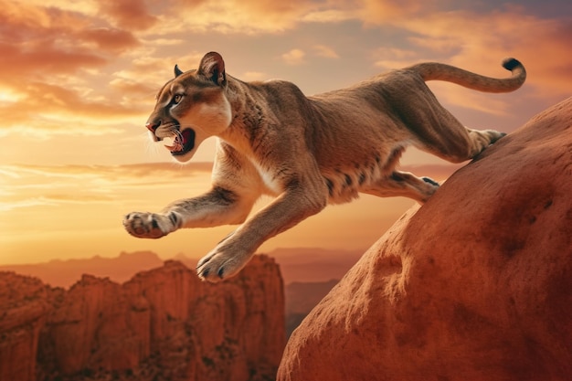 Puma africano in natura in un salto aggressivo predatorio al tramonto AI generato Closeup di