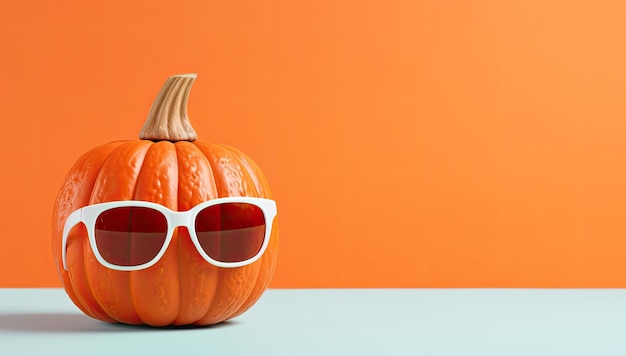 Pumpkin di Halloween con occhiali da sole su sfondo arancione illustrazione 3D