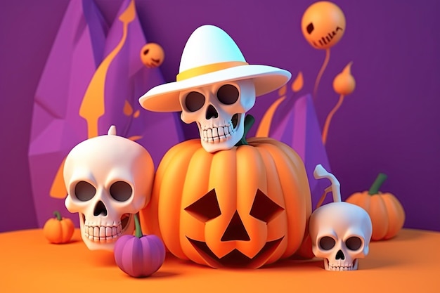 Pumpkin e teschi di Halloween sullo sfondo pastello 3D