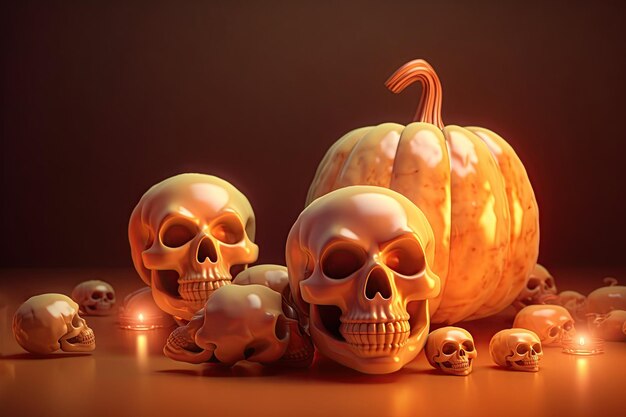 Pumpkin e teschi di Halloween sullo sfondo scuro 3D