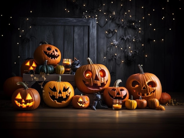 Pumpkin Jack O039 Lanterna circondata da decorazioni di Halloween