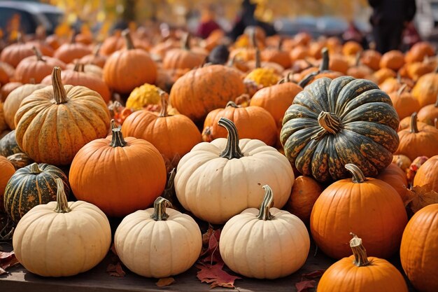 Pumpkins colorate al mercato d'autunno sfondo autunnale vista superiore