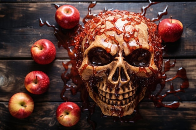 Punch di Halloween con teste di mela Scena del tavolo sopra il legno bianco